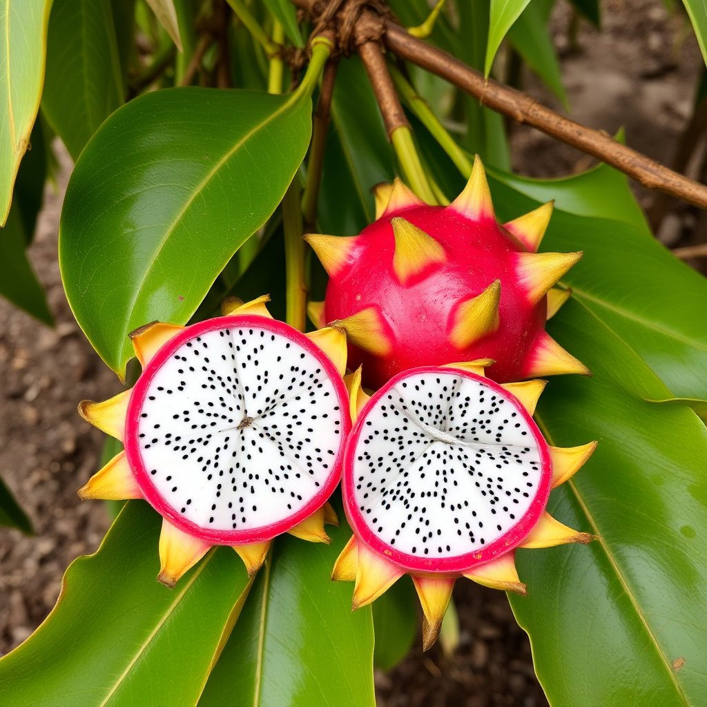 Dragon fruit on tree green leaves