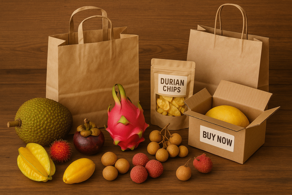 A rustic wooden table displays an assortment of exotic Asian fruits, including dragon fruit, jackfruit, mangosteen, rambutan, starfruit, lychee, longan, and a yellow mango. Brown paper shopping bags, a cardboard box labeled “Buy Now,” and a pouch labeled “Durian Chips” suggest online and in-store fruit shopping. The arrangement highlights the availability and variety of tropical fruits for purchase.
