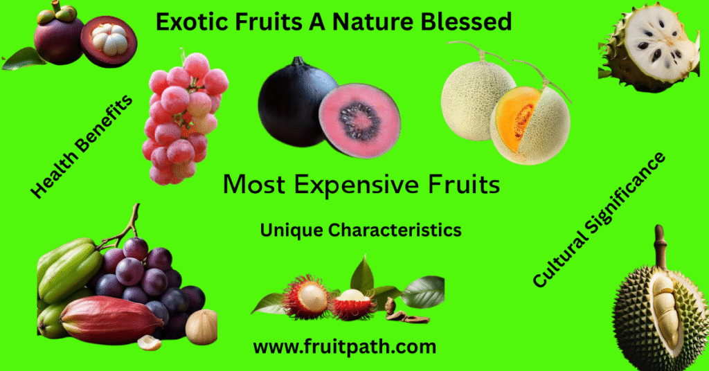 Exotic fruits arranged around text highlighting their health benefits, expense, unique characteristics, and cultural significance.