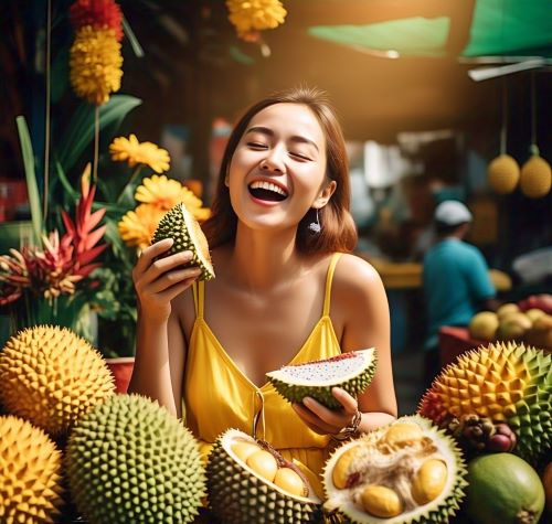 a_woman_tasting_some_exotic_fruits_ in a fruit market with a happy mood