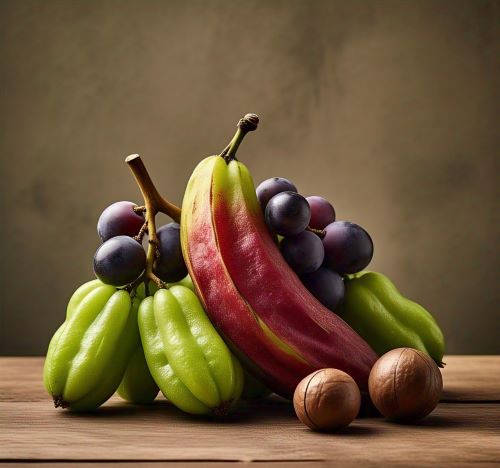 some fruits on the table with chocalte color background fruits are bilmbi,african grapes, macdamia nut, red banana