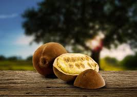 "Three cupuacu fruit on a wooden surface, one cut open."