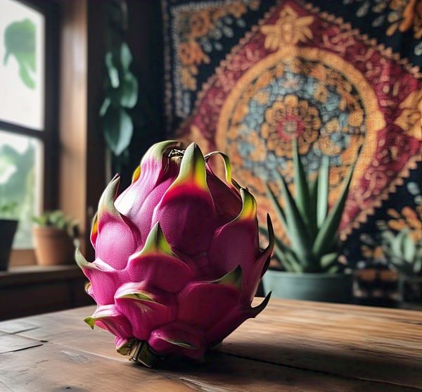 illusion image of Dragon fruit on the table background a window and green cactus plant also a dragon type decoration painting on the wall