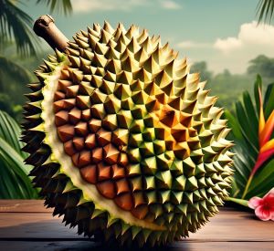 a durian fruit slickly cut green background and blue sky