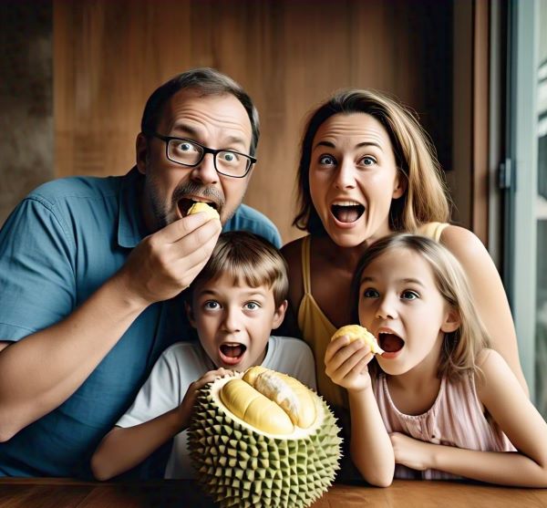 A family enjoying durian fruit
