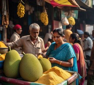 jackfruit in south Asian market a man and woman shopping in fruit market