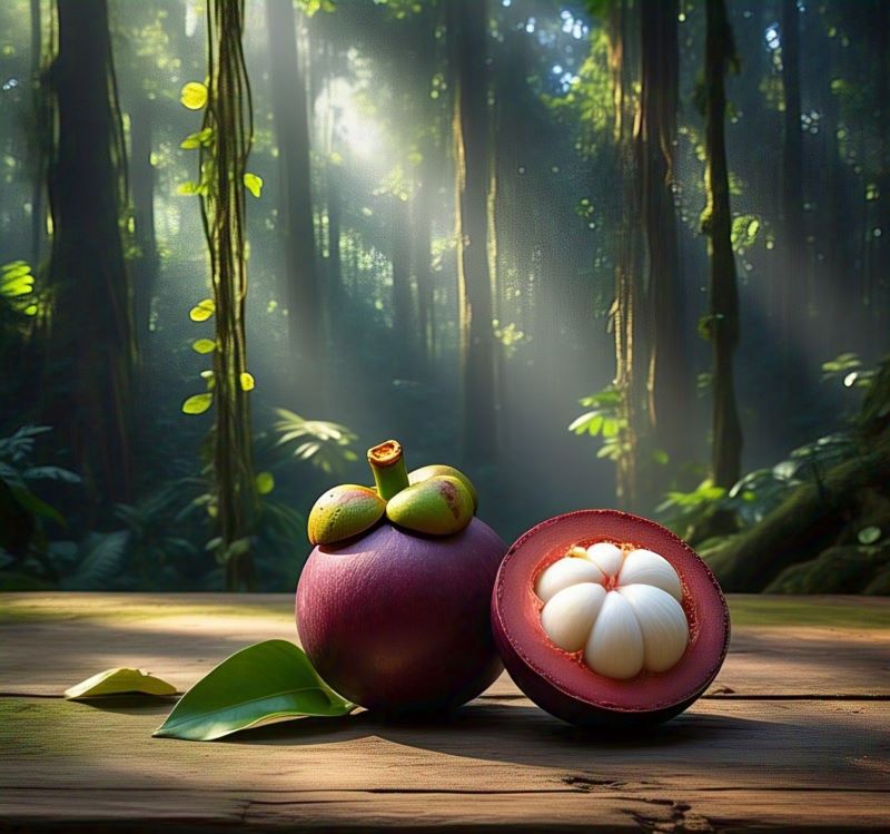 Exotic Mangosteen fruit two no one is sliced with beautiful forest background green leaves