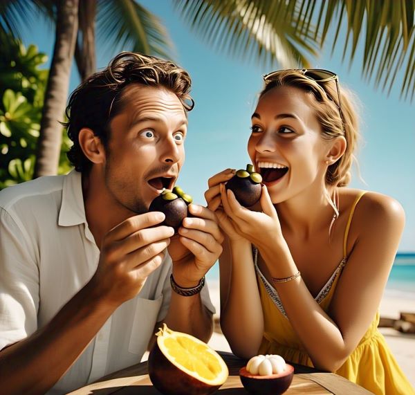 A man and a woman eating mangosteen fruit with happy mod some where in South Asia on vacations