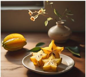 A star fruit sliced and sliced on plate in a kitchen