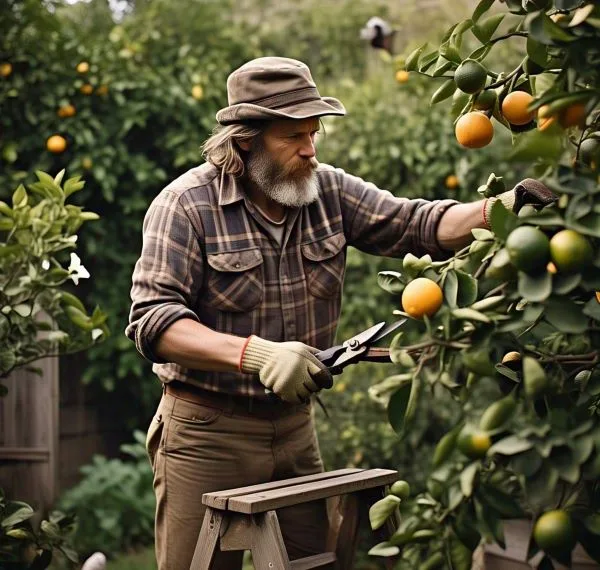 A old man trimming orange,lemon citrus trees