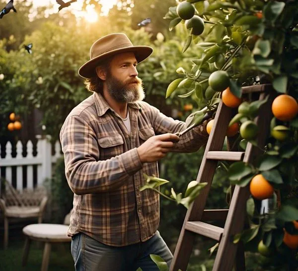 A man wearing a plaid shirt and hat stands next to a ladder, picking oranges from a tree in a garden with butterflies flying around him.