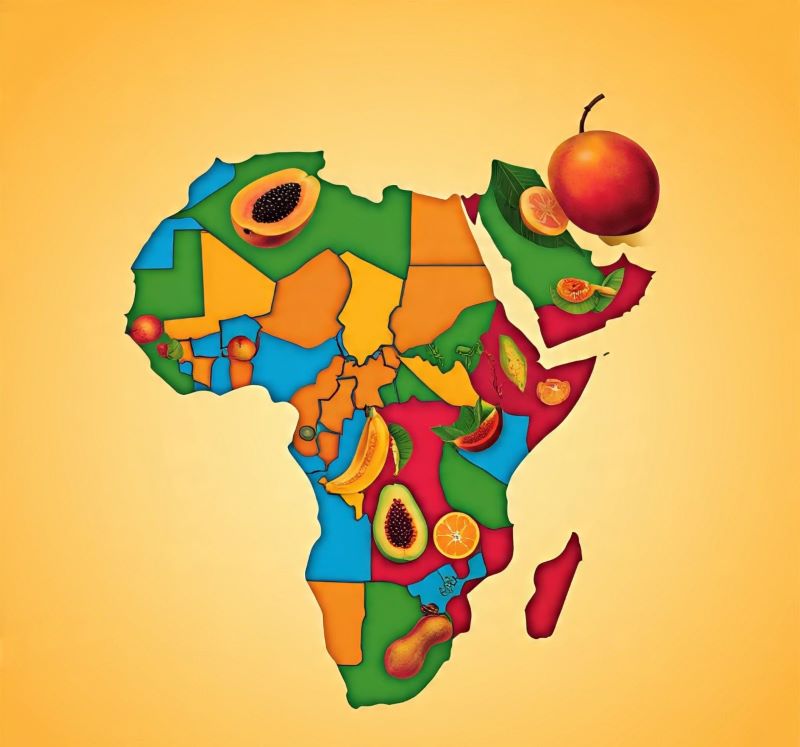 the map of Africa orange background showing some native fruits