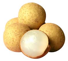 A cluster of four whole longans and one halved longan, showcasing the fruit's brown skin and translucent white flesh.