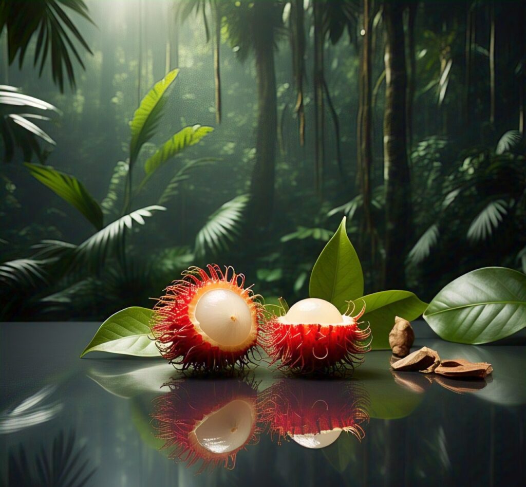 A illusion image of two rumbutan exotic fruits open sliced on a jungle near fresh clean glass surface background green