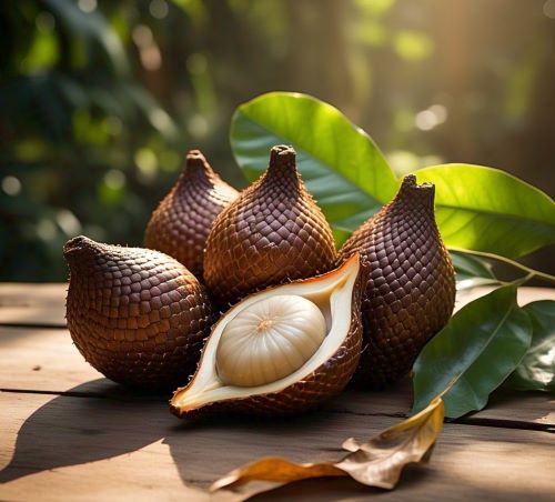 A close-up image of four salak fruits, also known as snake fruits, arranged on a wooden surface. One fruit is cut open to reveal its white interior.