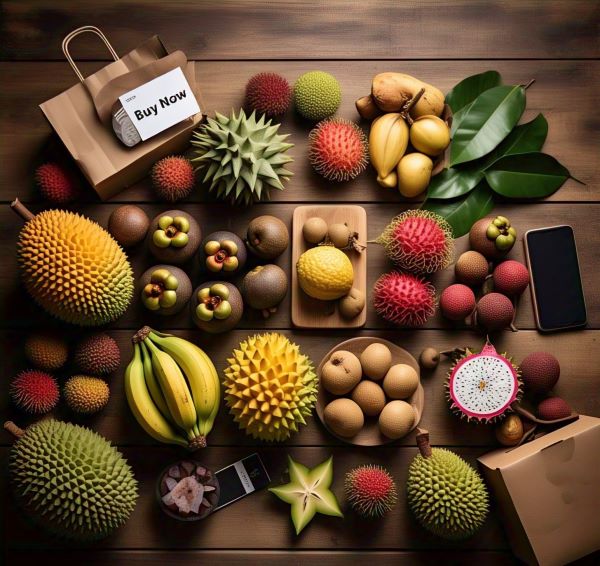 A vibrant assortment of exotic fruits arranged on a wooden table, accompanied by shopping bags and mobile phones.