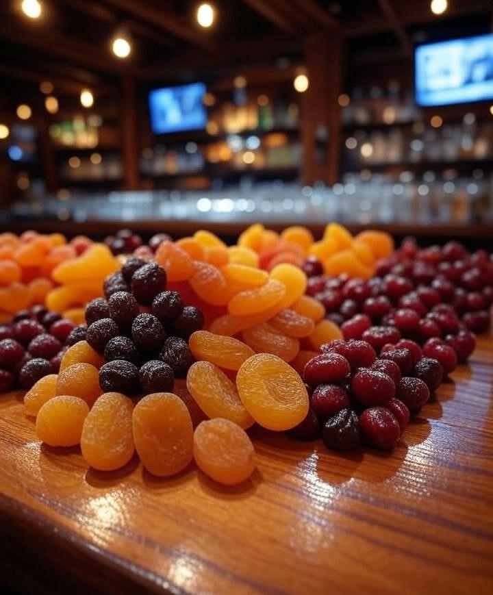 image showing some dried fruits like apricot,cherry,fig with a background of a cocktail bar