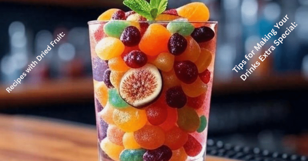 A glass filled with colorful dried fruits, including orange, red, green, and purple varieties, with a prominent dried fig in the center, garnished with a sprig of mint on top. The glass sits on a wooden bar counter with a blurred background of a bar setting, featuring bottles and soft lighting. for making dried fruit in cocktails.