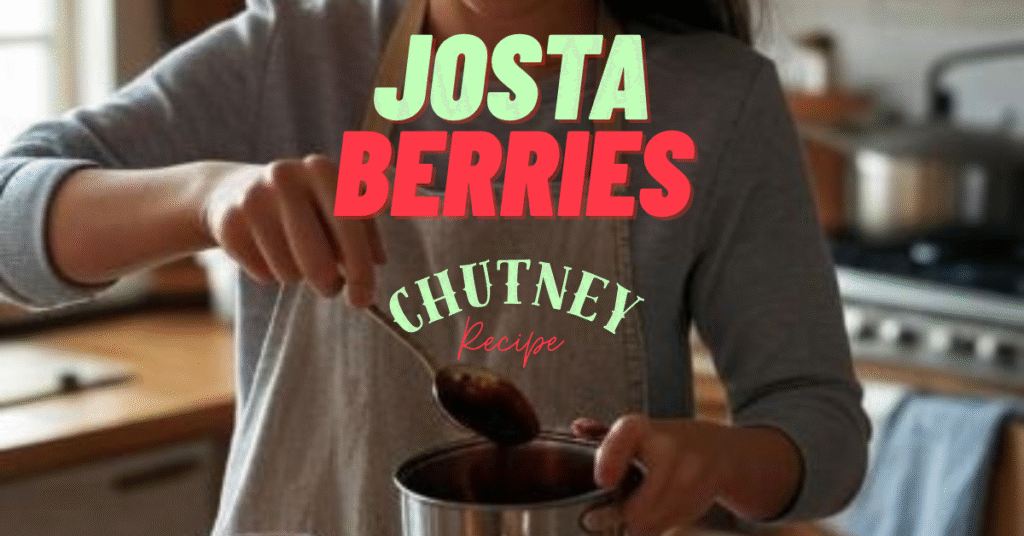 A lady in a gray long-sleeve shirt is stirring a pot with a wooden spoon in a kitchen, with a stove and wooden countertop in the background. The image has bold text overlay that reads "JOSTA BERRIES CHUTNEY Recipe" in green, red, and pink colors.