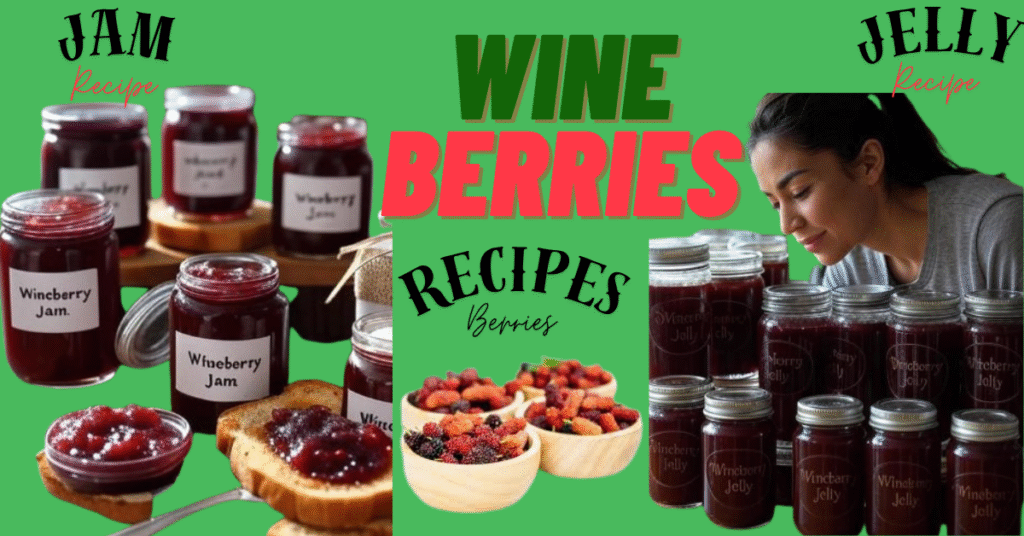 A colorful image divided into three sections showcasing wineberry recipes. The left section, labeled "JAM Recipe" in red, features jars of wineberry jam with labels, a bowl of jam, and toast topped with jam. The middle section, with "WINE BERRIES RECIPES" in bold green and red text, displays wooden bowls filled with fresh wineberries. The right section, labeled "JELLY Recipe" in red, shows a woman inspecting rows of wineberry jelly jars with labels, all set against a green background