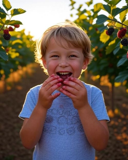 a child eating wineberries his hand and face get red with the color of berries background berries garden
