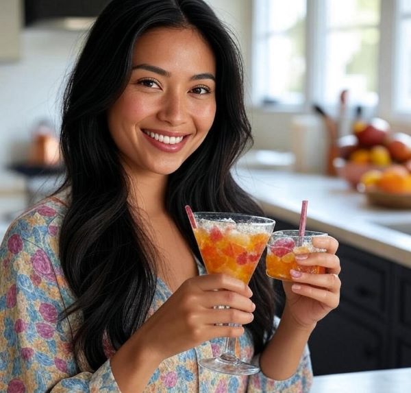 A beautiful woman elegantly sharing dried fruit cocktails on social media, with a creative kitchen background featuring various cocktail ingredients and a vibrant atmosphere.