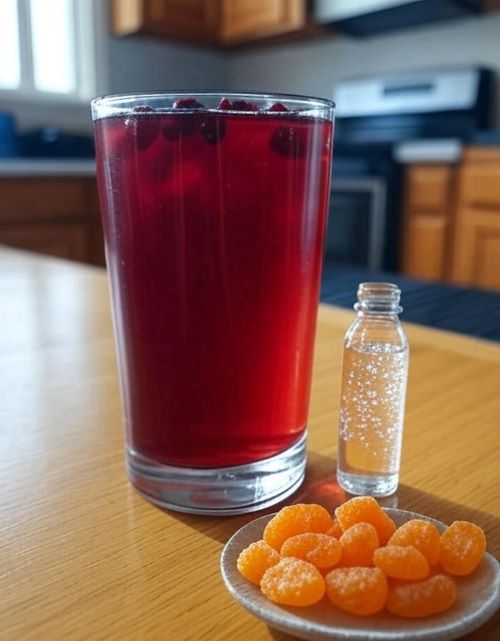 A well-organized kitchen scene displaying ½ cup of apple juice, ½ cup of sparkling water, and 2–3 dried apricot pieces, each item neatly presented, alongside a finished cocktail made from these ingredients, set against a backdrop of kitchen utensils and a countertop.