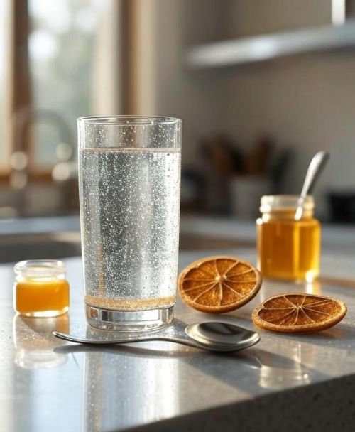 A vibrant kitchen scene featuring a refreshing drink made with 1 cup of sparkling water, ½ cup of orange juice, one teaspoon of honey, and a dried orange slice garnish, placed on a countertop with kitchen utensils and ingredients in the background.