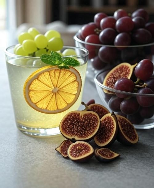 A cozy kitchen scene featuring 1 cup of grapes and two chopped dried figs neatly arranged on a countertop, with kitchen utensils and a warm background setting.