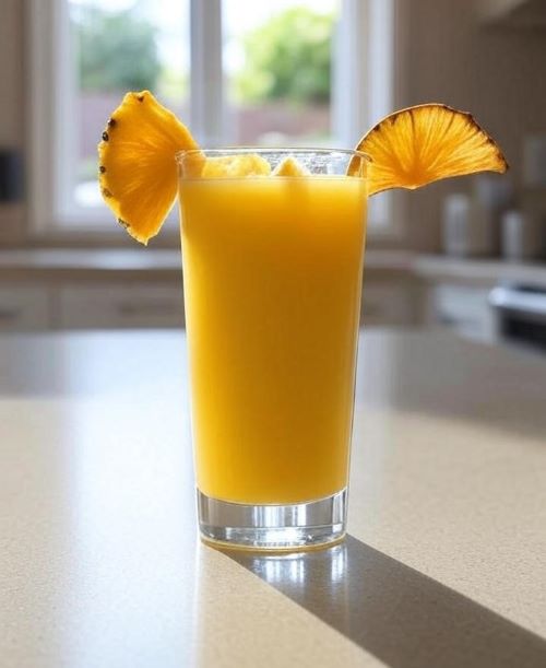 A bright kitchen setting with a tropical drink made of ½ cup pineapple juice, ½ cup mango juice, and a dried mango slice garnish, placed on a countertop surrounded by kitchen tools and fresh fruit in the background.
