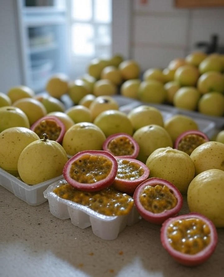 in a plastic tray some Guava and passion fruits at a kitchen counter
