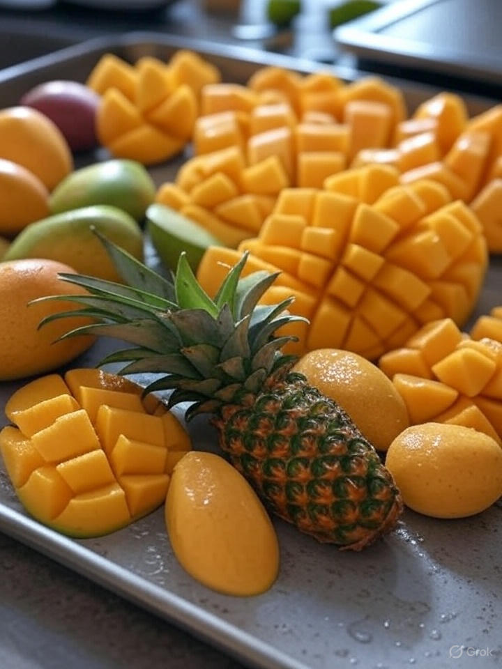 A image showing some Mangoes and pineapples nicely sliced and freezes in a refrigerator