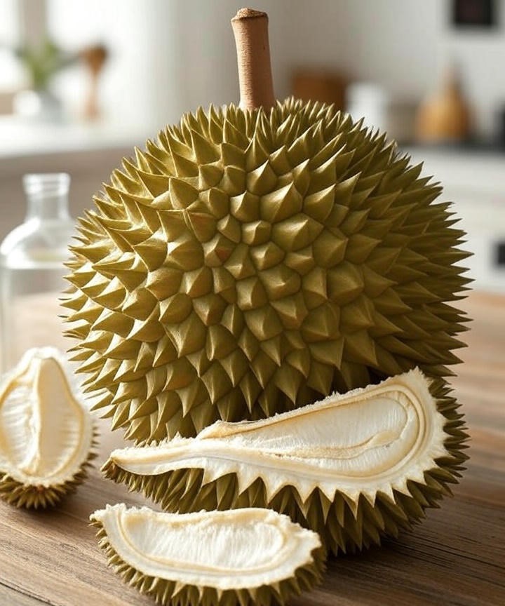 A durian fruit and three peaces of fruits on the counter of kitchen