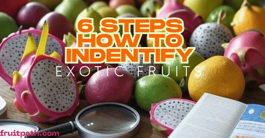 A vibrant flat-lay image featuring a variety of exotic fruits, including dragon fruit (some sliced to reveal white flesh with black seeds), cherimoya, tamarillo, and citrus fruits, arranged in a colorful display on a wooden surface. The image includes identification tools such as an open notebook, a fruit identification guidebook, and a magnifying glass placed among the fruits. Bold orange and yellow text at the center reads "6 STEPS HOW TO IDENTIFY EXOTIC FRUITS," with the website "fruitpath.com" in purple at the bottom left corner. The background is slightly blurred, focusing attention on the fruits and tools.