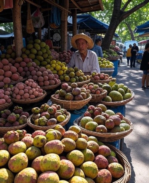 A vibrant scene of a bustling tropical market stall filled with baskets of exotic fruits, including jackfruit, lychee, mangosteen, and snake fruit, displayed in woven baskets and piled up. A vendor wearing a straw hat stands behind the stall, with a shopper and other market-goers in the blurred background. The setting features a shaded walkway lined with trees and additional market stalls under blue tarps.
Caption: