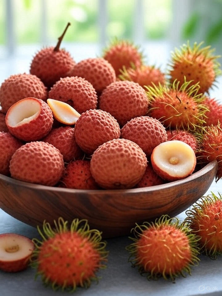 A wooden bowl of laychee and rumbutan fruits and some fruits on the front a kichten background 