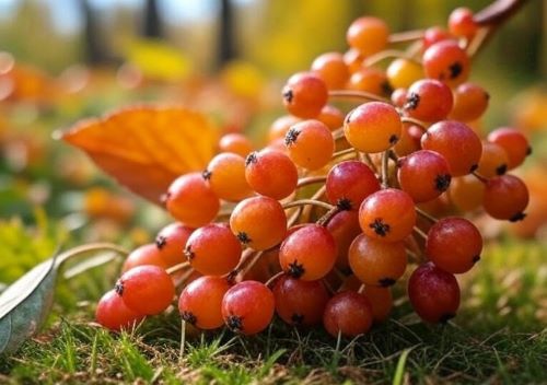 A bunch of autumn olive berries on grassy ground