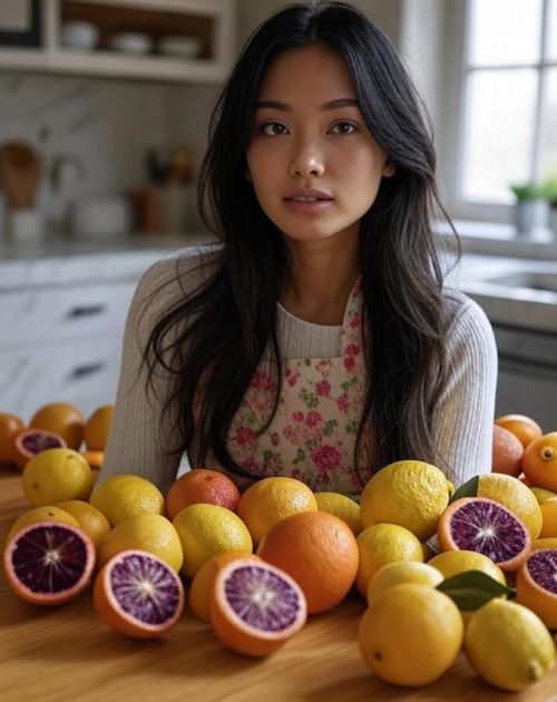 a image showing a lady in a kitchen and different varieties of uncommon citrus fruits are in the front of her a kitchen background