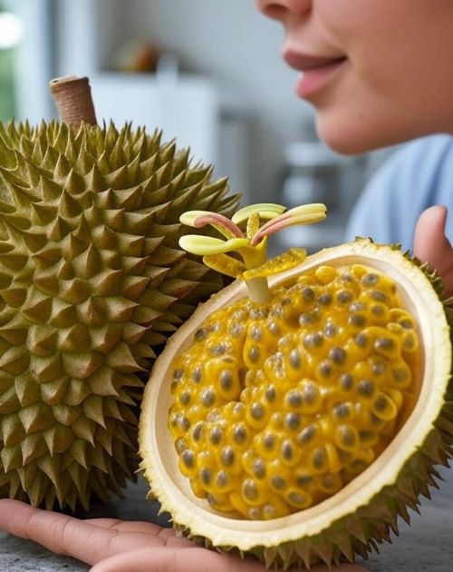 a lady smelling passion fruit to feel ripeness of the fruit a background of kitchen