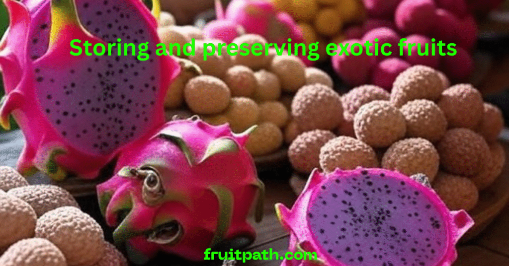 Alt text: A colorful assortment of exotic fruits, including dragon fruit with vibrant pink skin and white flesh speckled with black seeds, and small, round, brownish fruits, possibly longans or lychees, arranged on a wooden surface. The text "Storing and preserving exotic fruits" is overlaid in green, with "fruitpath.com" written below in the same color.