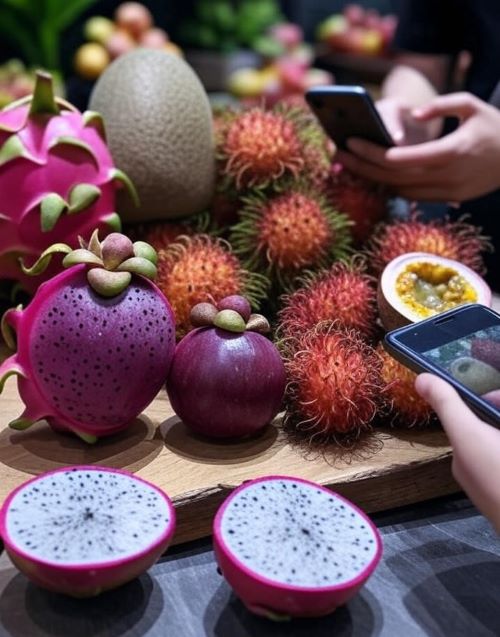 a image of exotic fruits like dragon fruit ,magosteen,rumbutan two persons using their phones to identify exotic fruits