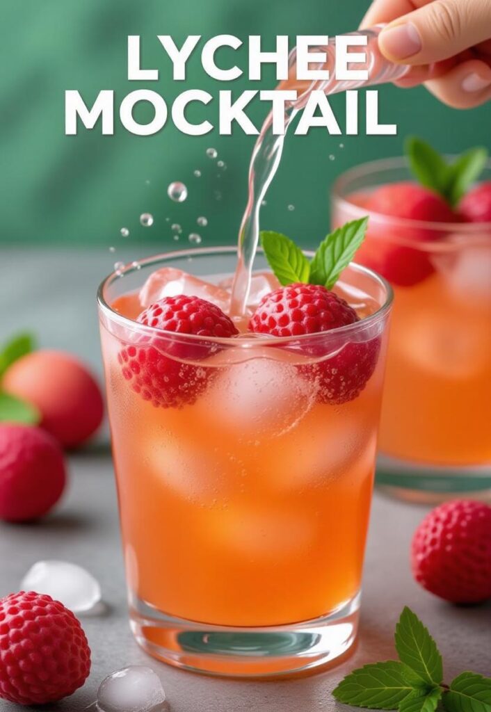 A vibrant image of a lychee mocktail being poured into a glass, featuring a hand pouring sparkling water from a bottle. The glass contains ice, muddled lychees, and fresh mint leaves, garnished with whole lychees with red and pink skins. The background is a green gradient, with additional lychees and mint leaves scattered around, enhancing the tropical and refreshing theme.