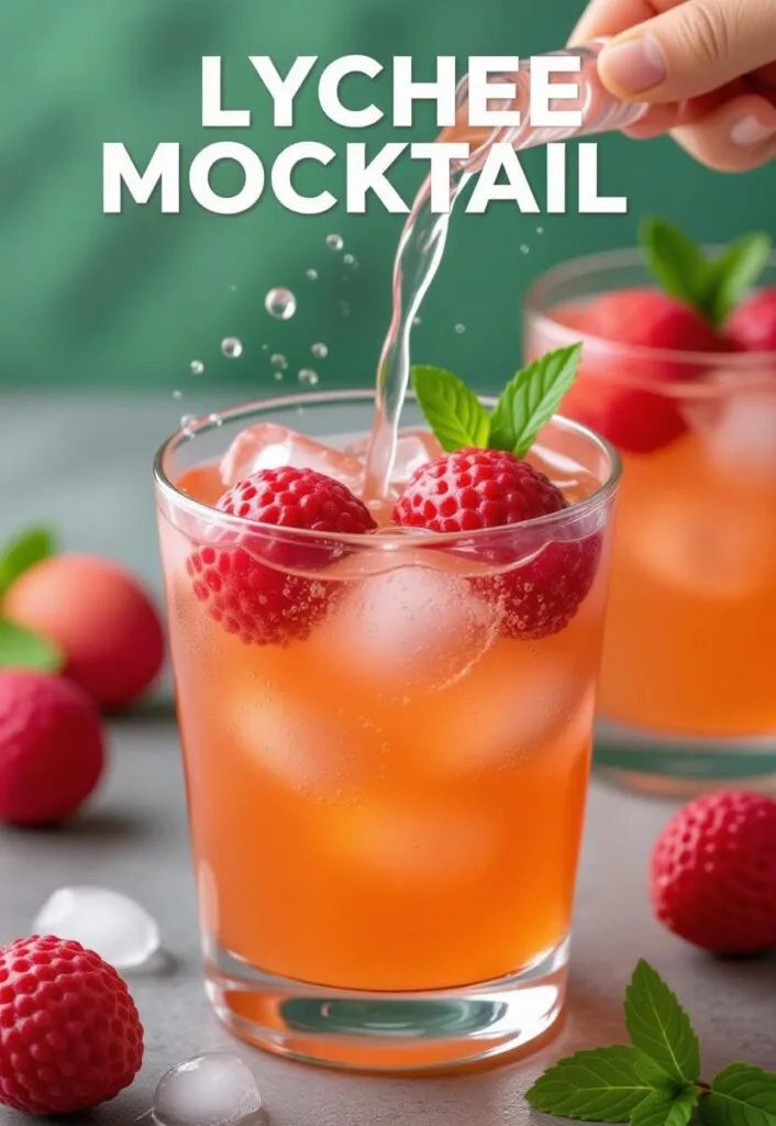 A vibrant image of a lychee mocktail being poured into a glass, featuring a hand pouring sparkling water from a bottle. The glass contains ice, muddled lychees, and fresh mint leaves, garnished with whole lychees with red and pink skins. The background is a green gradient, with additional lychees and mint leaves scattered around, enhancing the tropical and refreshing theme.
