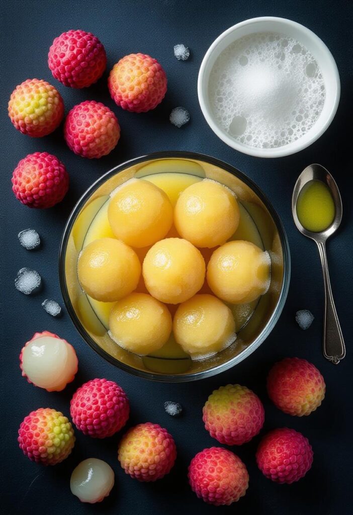 A vibrant and colorful image featuring a bowl of lychee sorbet at the center, filled with glossy, yellowish-orange sorbet balls. Surrounding the bowl are whole lychees with red, pink, and yellowish skins, some peeled to reveal their white flesh. A small white bowl with frothy sugar syrup and a silver spoon with a drizzle of lime juice are placed nearby. Scattered ice crystals and sugar granules add a textured effect against a dark blue background, enhancing the tropical and refreshing theme of the lychee sorbet preparation