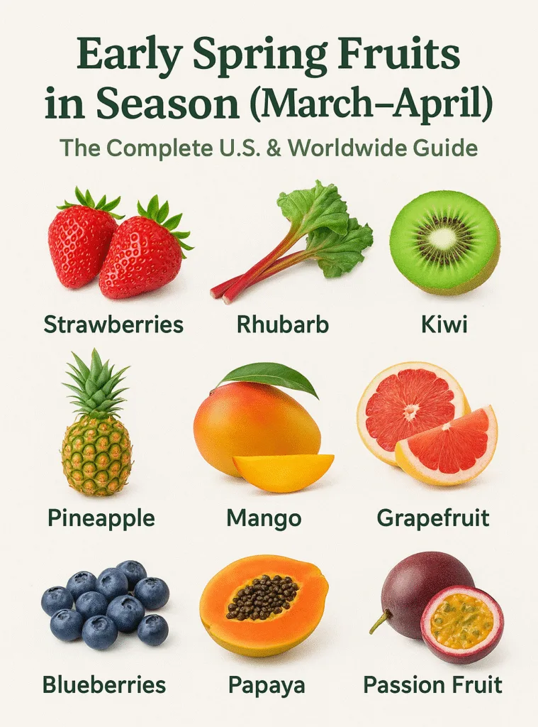 An infographic titled "Early Spring Fruits in Season (March–April)" featuring a grid of nine labeled fruits and vegetables: strawberries, rhubarb, kiwi, pineapple, mango, grapefruit, blueberries, papaya, and passion fruit.