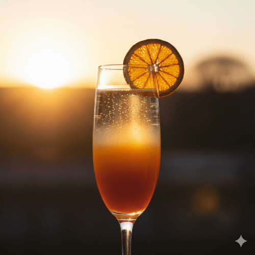 "Sunrise mimosa in a champagne flute with fresh-squeezed orange juice layered beneath sparkling prosecco, garnished with an orange wheel."
