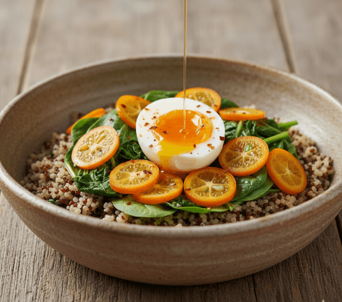 "Healthy kumquat and quinoa power bowl with warm quinoa, baby spinach, thinly sliced kumquats, a soft-boiled egg with runny yolk, olive oil, and red pepper flakes."
