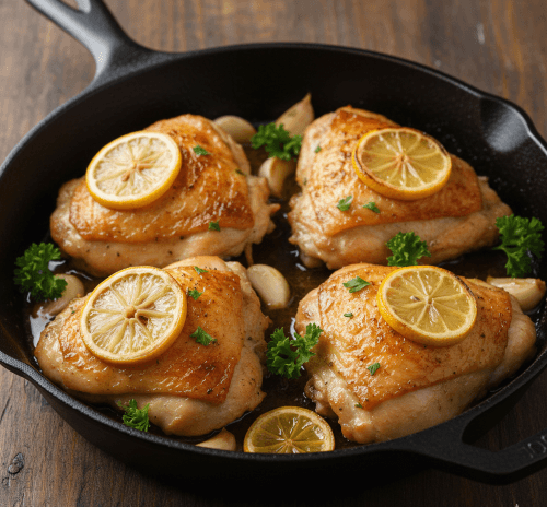 "Crispy Meyer lemon herb roasted chicken thighs in a cast iron skillet, topped with charred lemon slices, fresh parsley, and roasted garlic."

