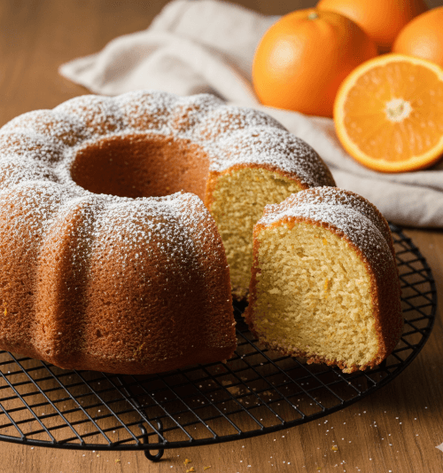 Moist navel orange olive oil cake dusted with powdered sugar, with one slice cut to show tender crumb and orange zest, surrounded by fresh oranges