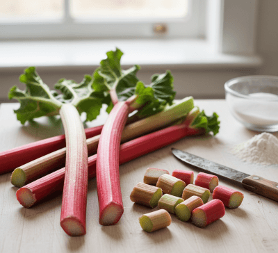 Freshly harvested rhubarb stalks are laid on a light wooden cutting board in a well-lit kitchen. Several long, vibrant red and green stalks with ruffled green leaves are grouped together, while some stalks are already chopped into small, neat pieces. In the background, there's a small pile of white flour, a rustic knife with a wooden handle, and a clear glass bowl containing white sugar, suggesting preparation for baking. A window is visible in the soft-focus background.